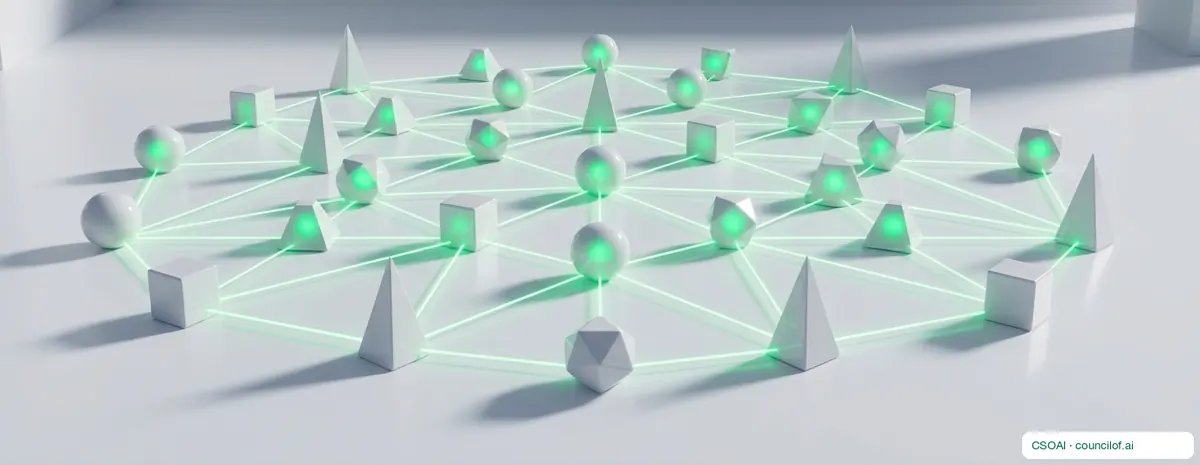 A field of pale solids joined by a lattice of green light