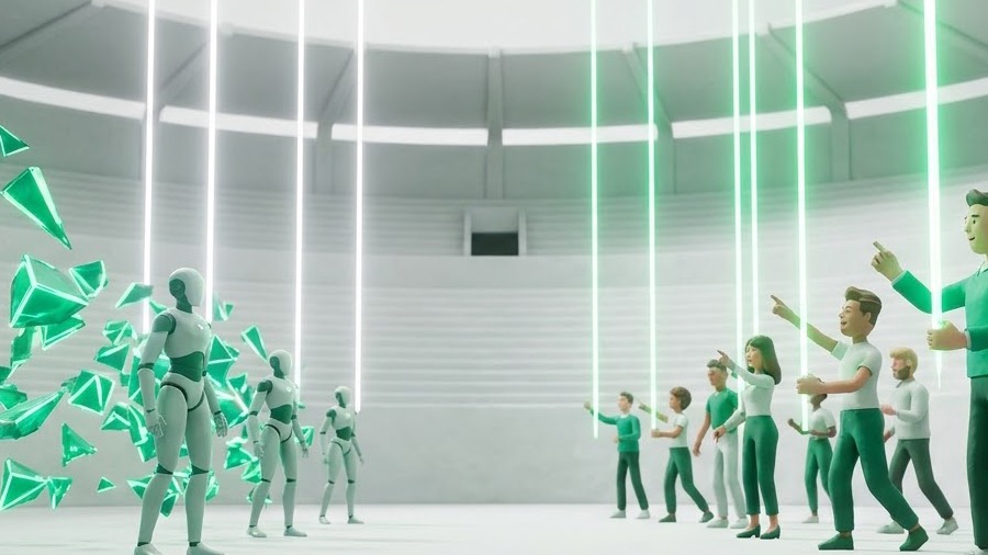 Clay people and pale humanoids facing each other across an arena under beams of light
