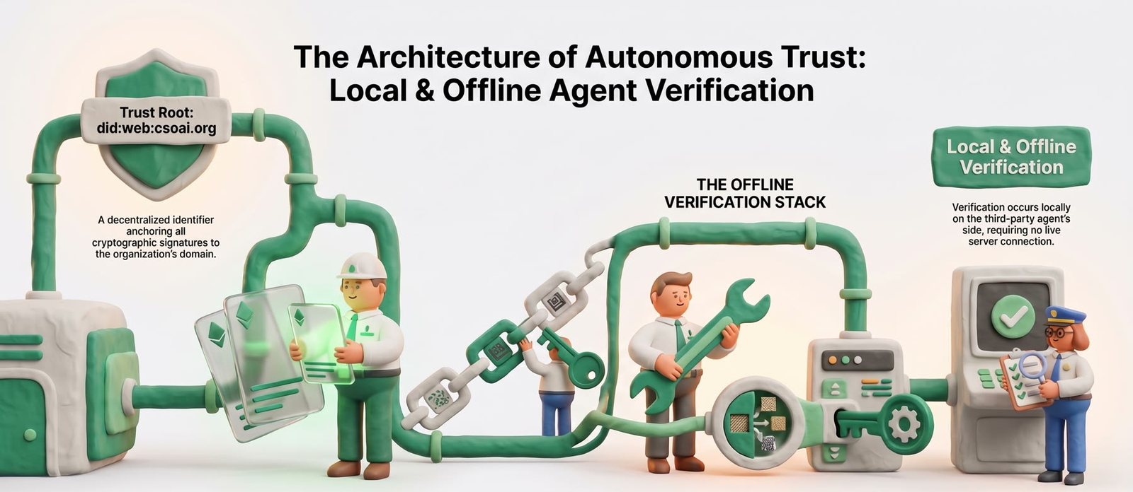 The trust root did:web:csoai.org anchoring signed measurement cards through a hash-chained evidence ledger to local, offline verification on the reader's own machine